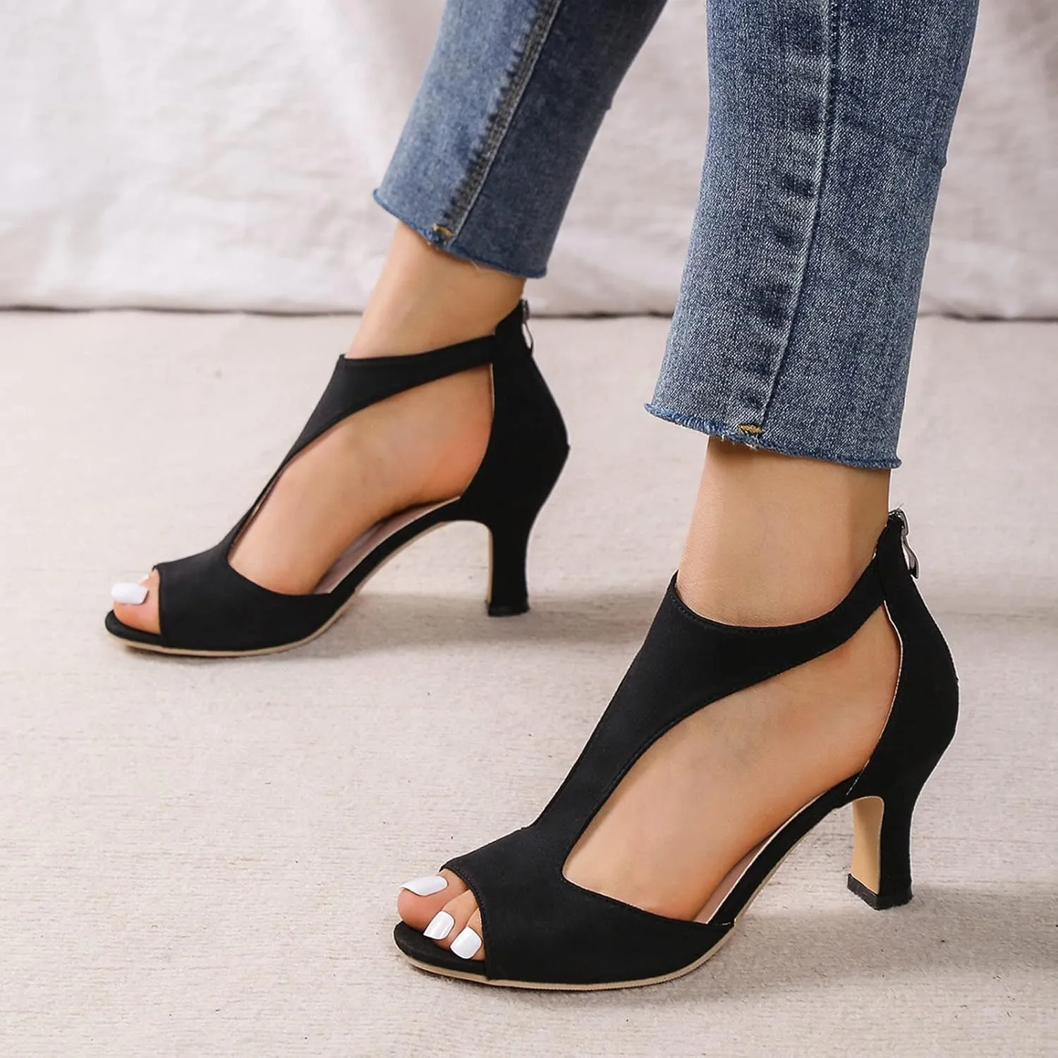 oiangi Womens Shoes Summer Heeled Sandals Fashion Casual Back Zipper Fish Mouth Open Toe High Heel Shoes Solid Comfy Side Cutout Outdoor Ladies Shoes