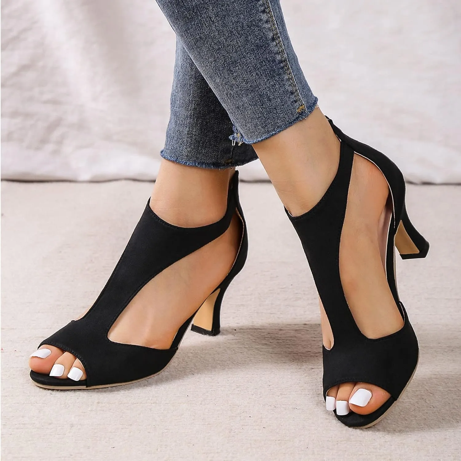 oiangi Womens Shoes Summer Heeled Sandals Fashion Casual Back Zipper Fish Mouth Open Toe High Heel Shoes Solid Comfy Side Cutout Outdoor Ladies Shoes