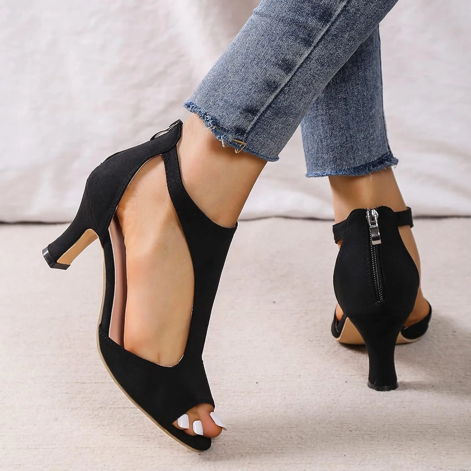 oiangi Womens Shoes Summer Heeled Sandals Fashion Casual Back Zipper Fish Mouth Open Toe High Heel Shoes Solid Comfy Side Cutout Outdoor Ladies Shoes