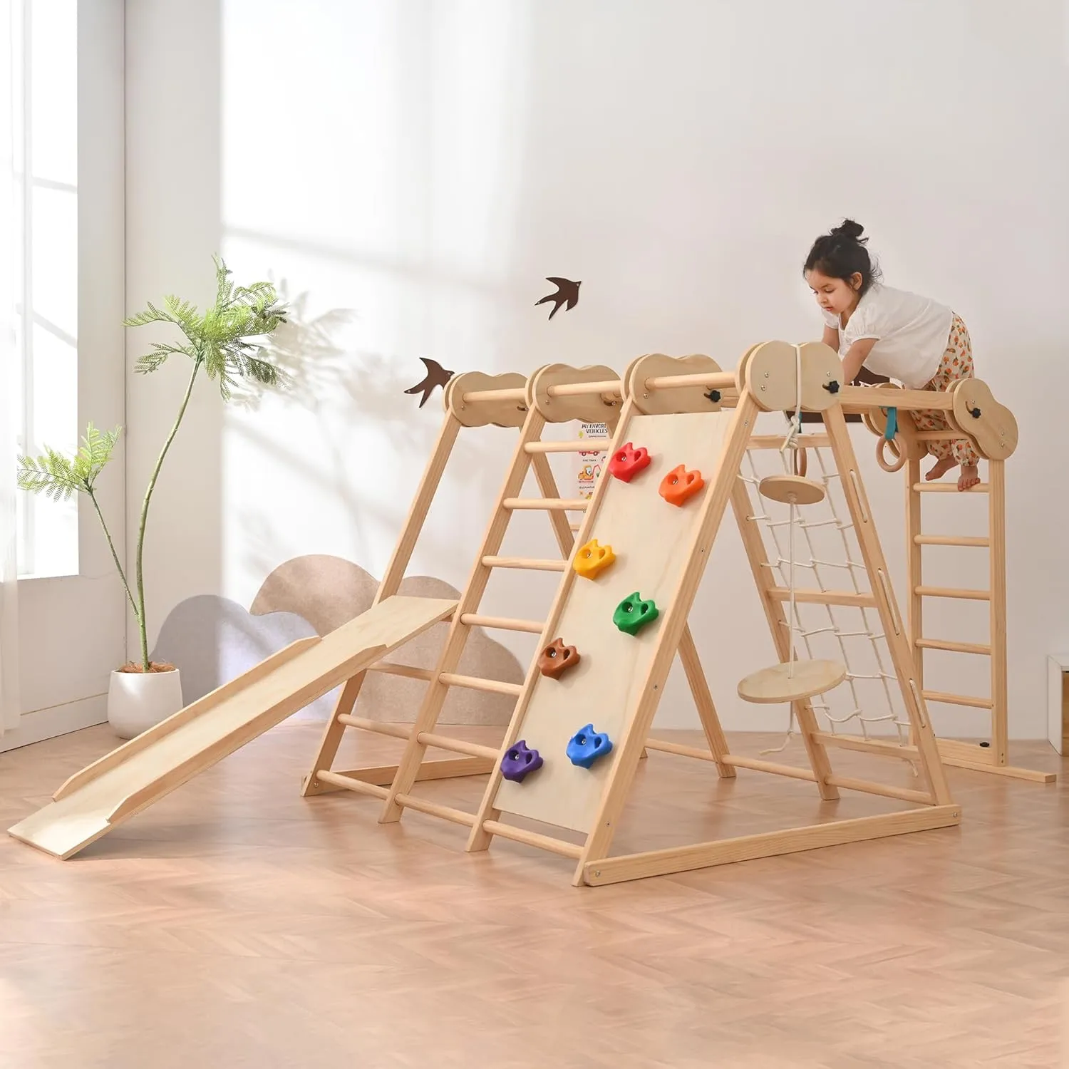 OLLIKIVI Indoor Playground Jungle Gym, Toddler Climbing Toys for Kids 1-6 Years, Indoor Toddler Gym Play Set with Slid, Climbing Wall, Ladder, Net, Bars, Swing, Ring
