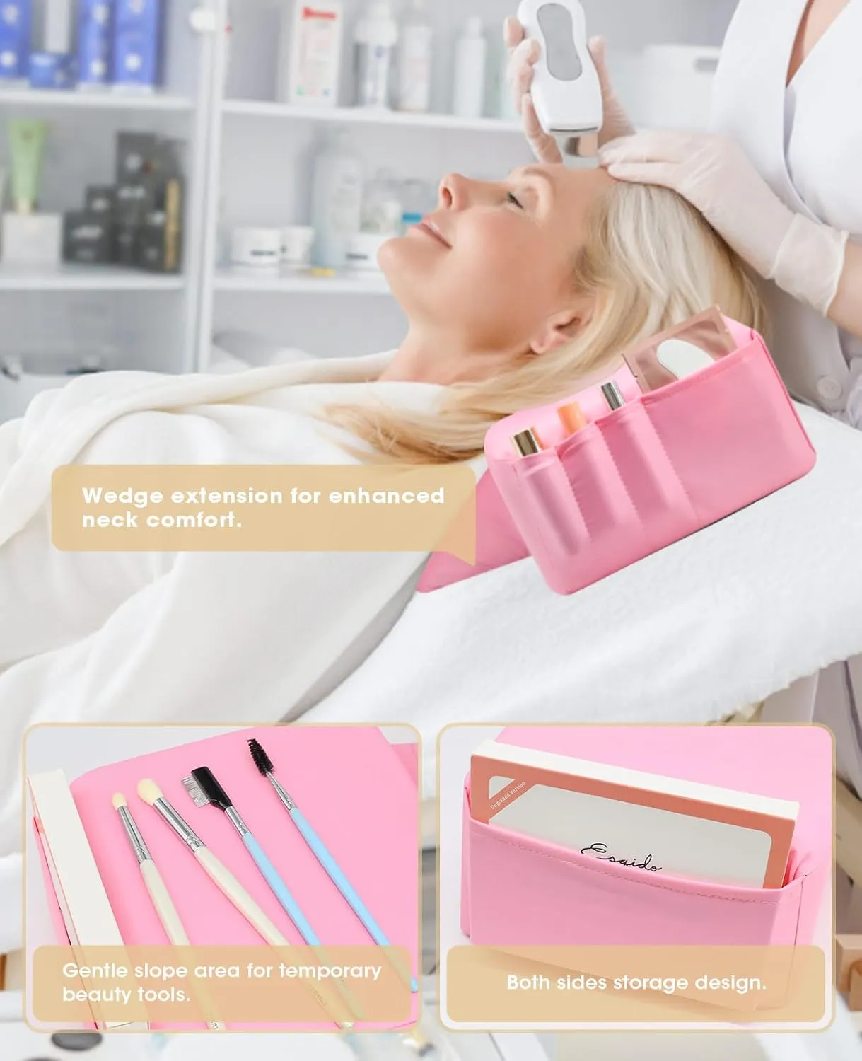 Onism Lash Pillow for Eyelash Extensions, Leather Waterproof Curved Memory Foam Lash Bed Pillow with Neck and Back Support, Pockets on Both Sides for Tools, Pink
