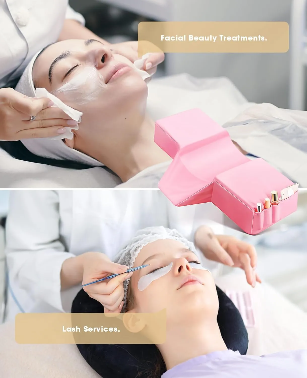Onism Lash Pillow for Eyelash Extensions, Leather Waterproof Curved Memory Foam Lash Bed Pillow with Neck and Back Support, Pockets on Both Sides for Tools, Pink