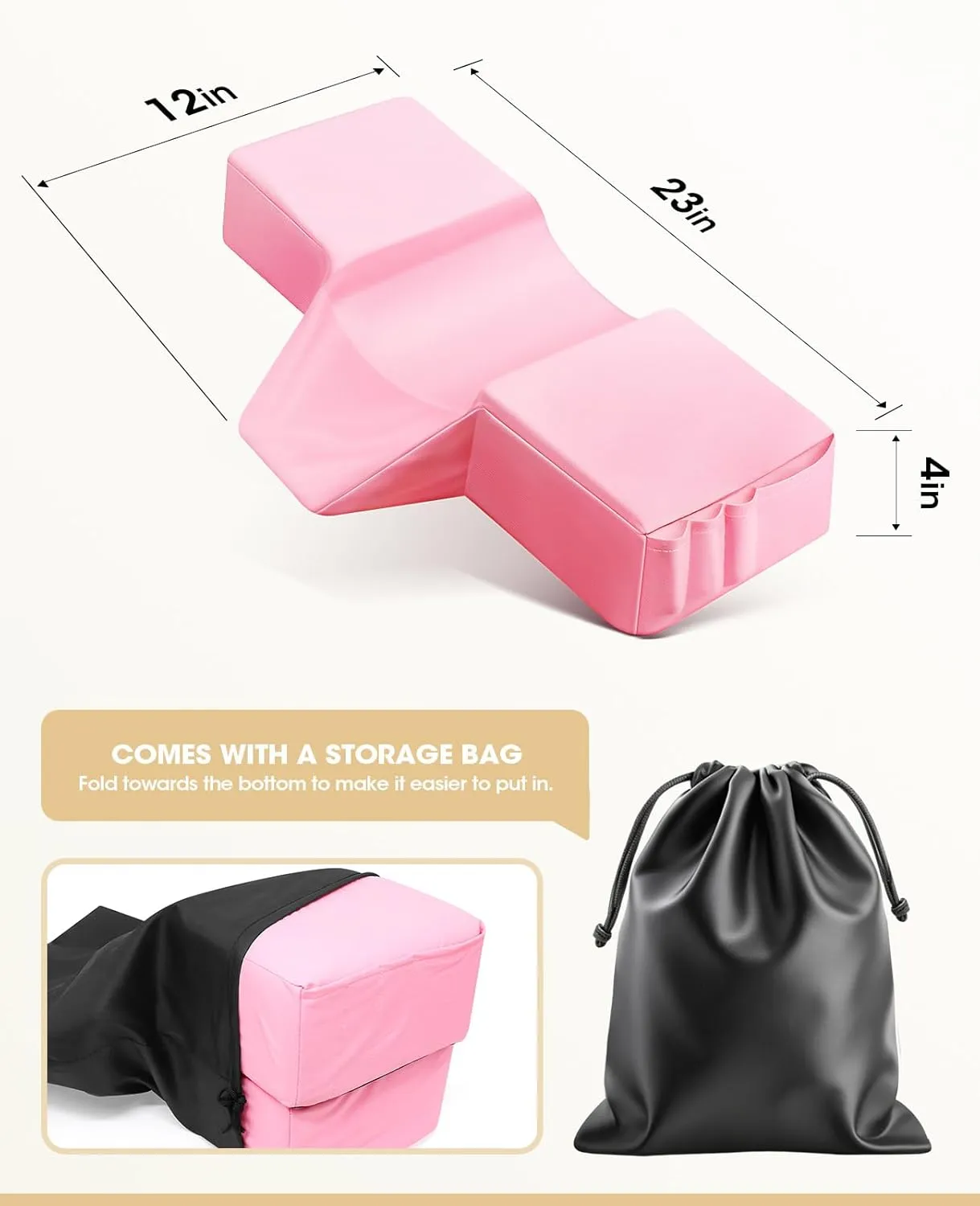 Onism Lash Pillow for Eyelash Extensions, Leather Waterproof Curved Memory Foam Lash Bed Pillow with Neck and Back Support, Pockets on Both Sides for Tools, Pink