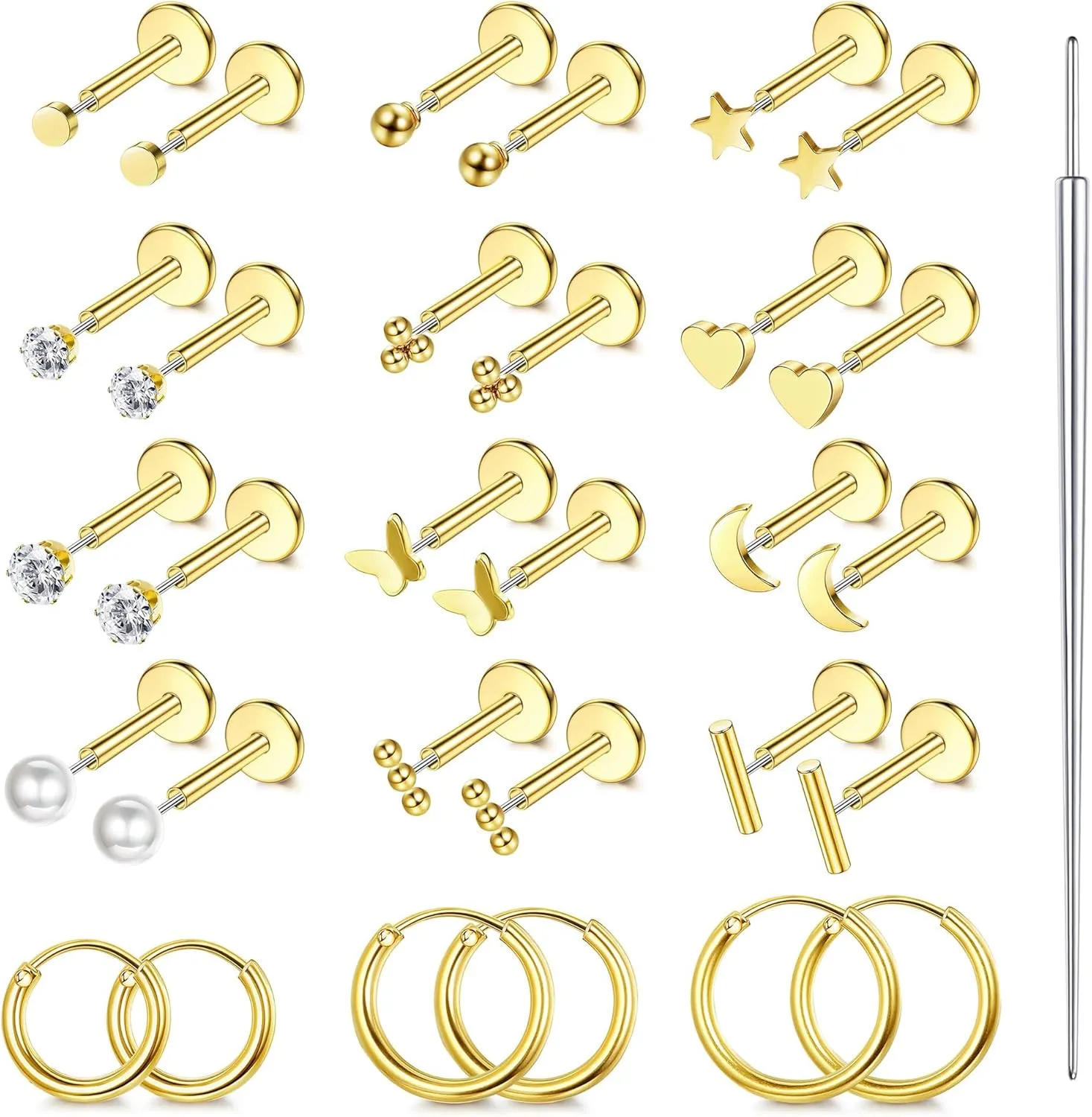 ORAZIO Small Flat Back Earrings,Push in Stud Earrings for Women Men,Hypoallergenic 14K Gold Plated Surgical Stainless Steel Threadless Earring,Flatback Stud Hoop Cartilage Earring Set for Multiple Piercing