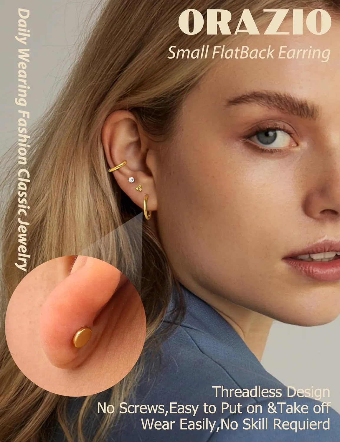 ORAZIO Small Flat Back Earrings,Push in Stud Earrings for Women Men,Hypoallergenic 14K Gold Plated Surgical Stainless Steel Threadless Earring,Flatback Stud Hoop Cartilage Earring Set for Multiple Piercing