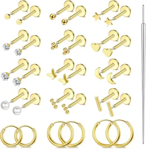 ORAZIO Small Flat Back Earrings,Push in Stud Earrings for Women Men,Hypoallergenic 14K Gold Plated Surgical Stainless Steel Threadless Earring,Flatback Stud Hoop Cartilage Earring Set for Multiple Piercing