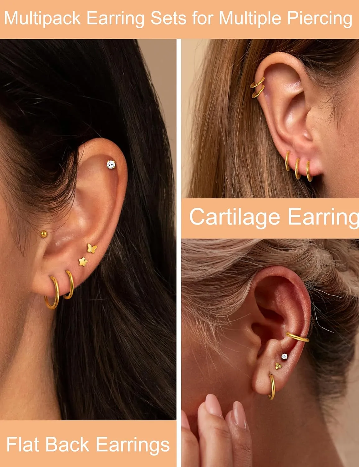 ORAZIO Small Flat Back Earrings,Push in Stud Earrings for Women Men,Hypoallergenic 14K Gold Plated Surgical Stainless Steel Threadless Earring,Flatback Stud Hoop Cartilage Earring Set for Multiple Piercing