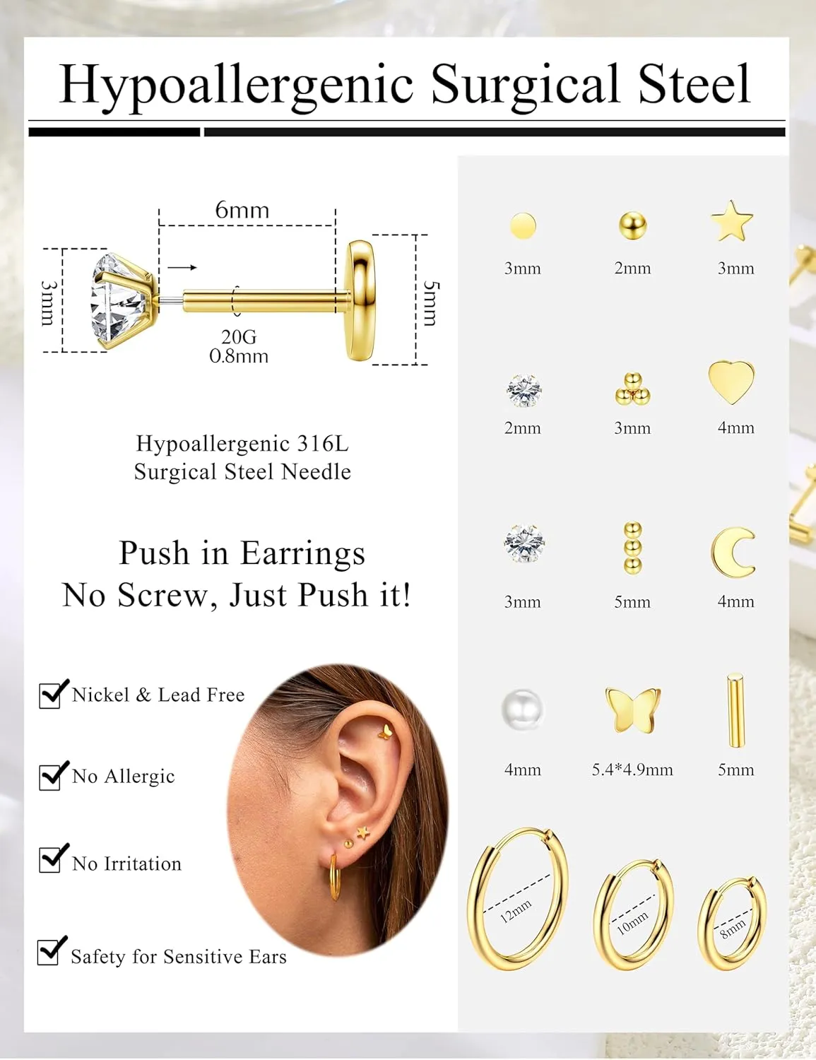 ORAZIO Small Flat Back Earrings,Push in Stud Earrings for Women Men,Hypoallergenic 14K Gold Plated Surgical Stainless Steel Threadless Earring,Flatback Stud Hoop Cartilage Earring Set for Multiple Piercing