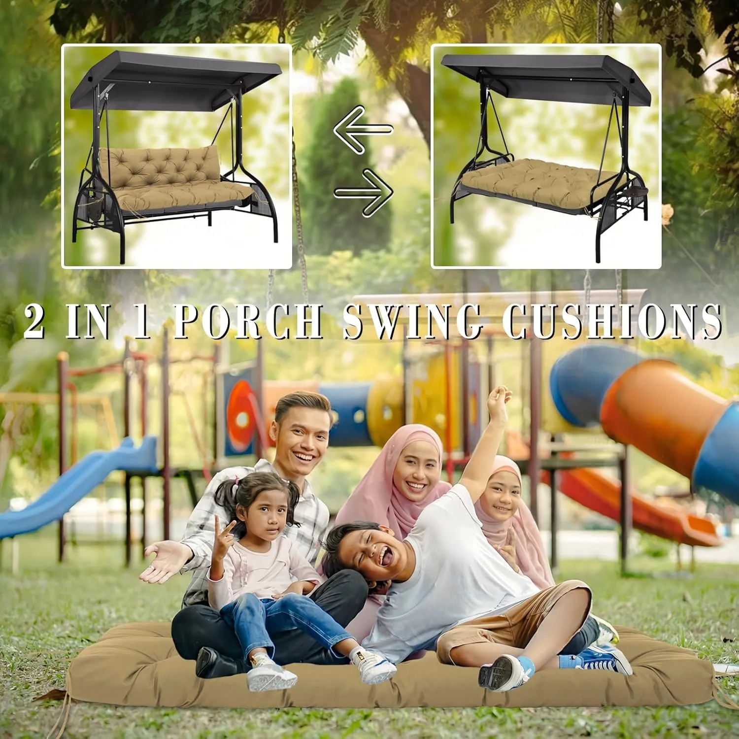 Outdoor Porch Swing Cushions Waterproof 3 Seater Extra 5" Thick Replacement Cushions with Backrest, Ties, Non-Slip Patio Furniture Cushions for Garden, Backyard(Khaki 60×40×5inch)