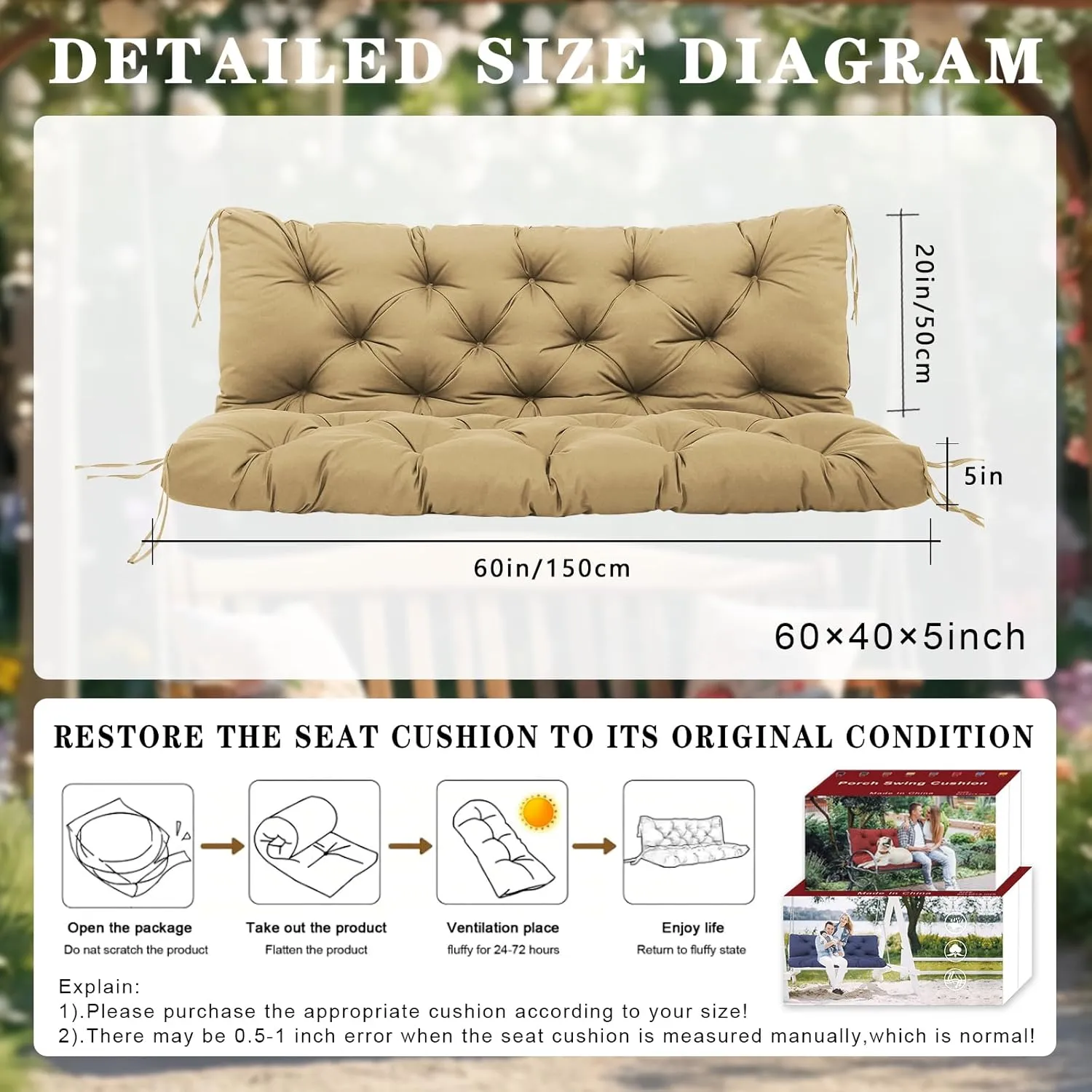 Outdoor Porch Swing Cushions Waterproof 3 Seater Extra 5" Thick Replacement Cushions with Backrest, Ties, Non-Slip Patio Furniture Cushions for Garden, Backyard(Khaki 60×40×5inch)