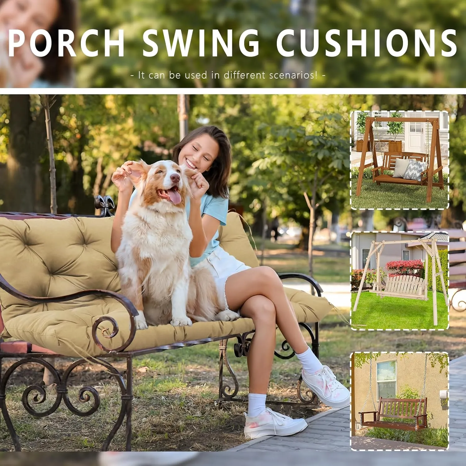 Outdoor Porch Swing Cushions Waterproof 3 Seater Extra 5" Thick Replacement Cushions with Backrest, Ties, Non-Slip Patio Furniture Cushions for Garden, Backyard(Khaki 60×40×5inch)