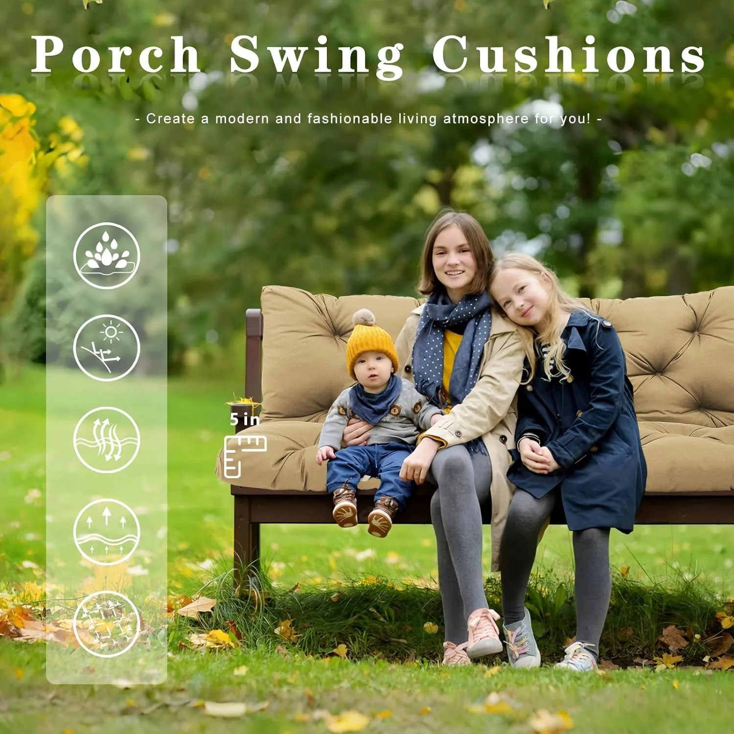 Outdoor Porch Swing Cushions Waterproof 3 Seater Extra 5" Thick Replacement Cushions with Backrest, Ties, Non-Slip Patio Furniture Cushions for Garden, Backyard(Khaki 60×40×5inch)