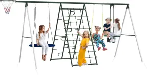 Outsunny 528 lbs Swing Set for Backyard, 5 in 1 Heavy-Duty A-Frame Stand Outdoor Playset for Kids, with Saucer Swing, Slide, Swing Seats, Glider, Basketball Hoop, Climbing Steps and Net