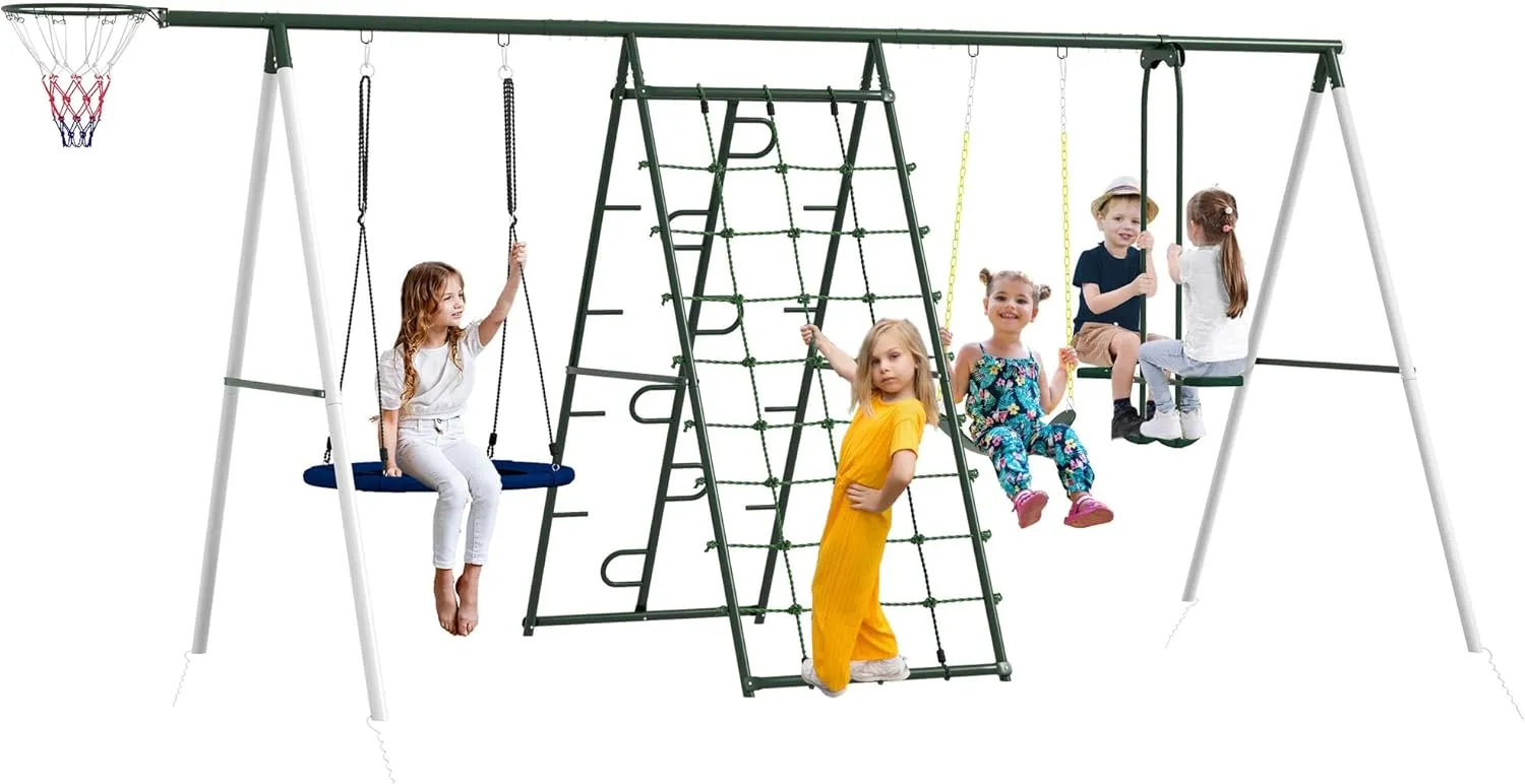Outsunny 528 lbs Swing Set for Backyard, 5 in 1 Heavy-Duty A-Frame Stand Outdoor Playset for Kids, with Saucer Swing, Slide, Swing Seats, Glider, Basketball Hoop, Climbing Steps and Net
