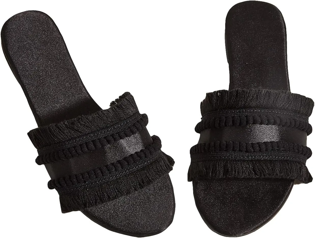 OYOANGLE Women's Fringe Trim Satin Open Toe Flat Slide Sandals Summer Casual Slip on Dressy Sandals