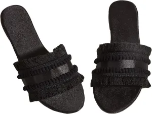 OYOANGLE Women's Fringe Trim Satin Open Toe Flat Slide Sandals Summer Casual Slip on Dressy Sandals