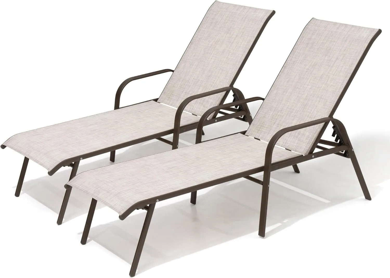 Pellebant Adjustable Patio Chaise Lounge Chair, 5 Positions and Flat Position, Steel Folding Outdoor Recliners for Beach, Pool and Yard, 2 Pcs, Beige