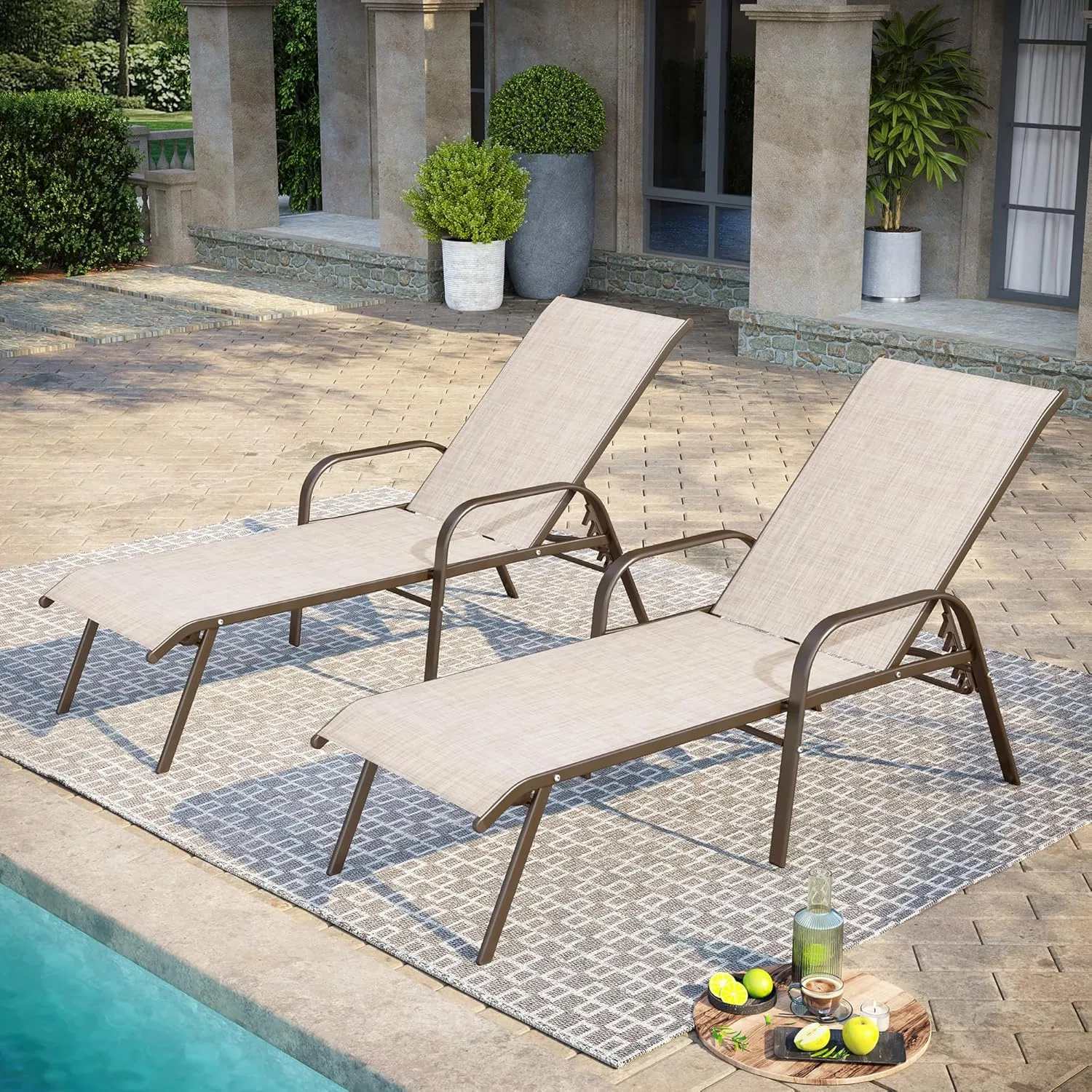 Pellebant Adjustable Patio Chaise Lounge Chair, 5 Positions and Flat Position, Steel Folding Outdoor Recliners for Beach, Pool and Yard, 2 Pcs, Beige