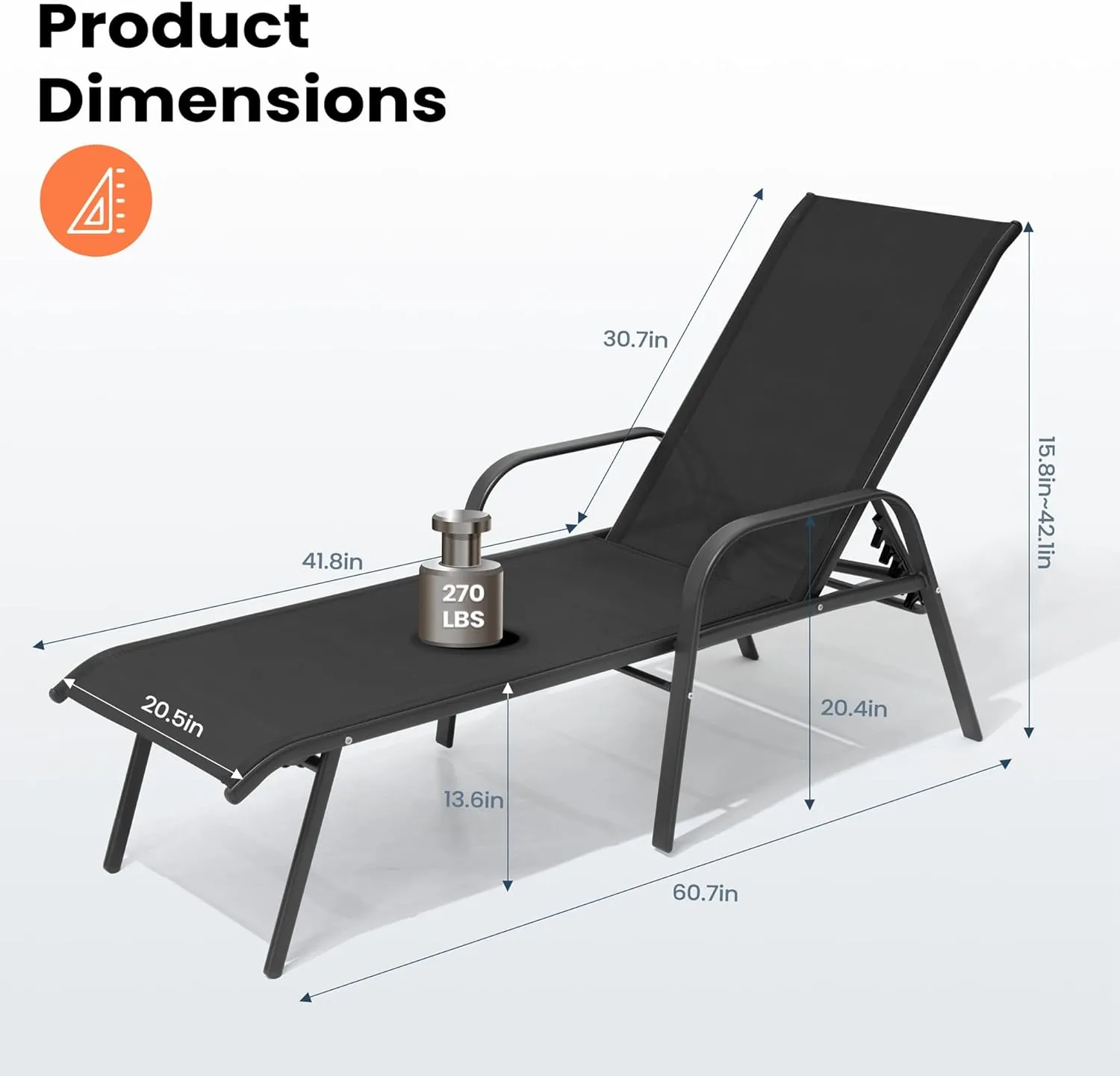 Pellebant Patio Chaise Lounge Chair, Adjustable Chair with 5 Positions and Flat Position, Folding Outdoor Recliners All Weather for Beach, Pool and Yard, 2 Pcs, Black