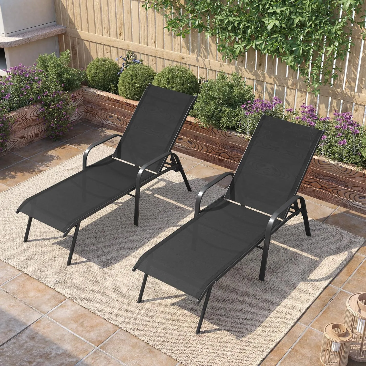 Pellebant Patio Chaise Lounge Chair, Adjustable Chair with 5 Positions and Flat Position, Folding Outdoor Recliners All Weather for Beach, Pool and Yard, 2 Pcs, Black