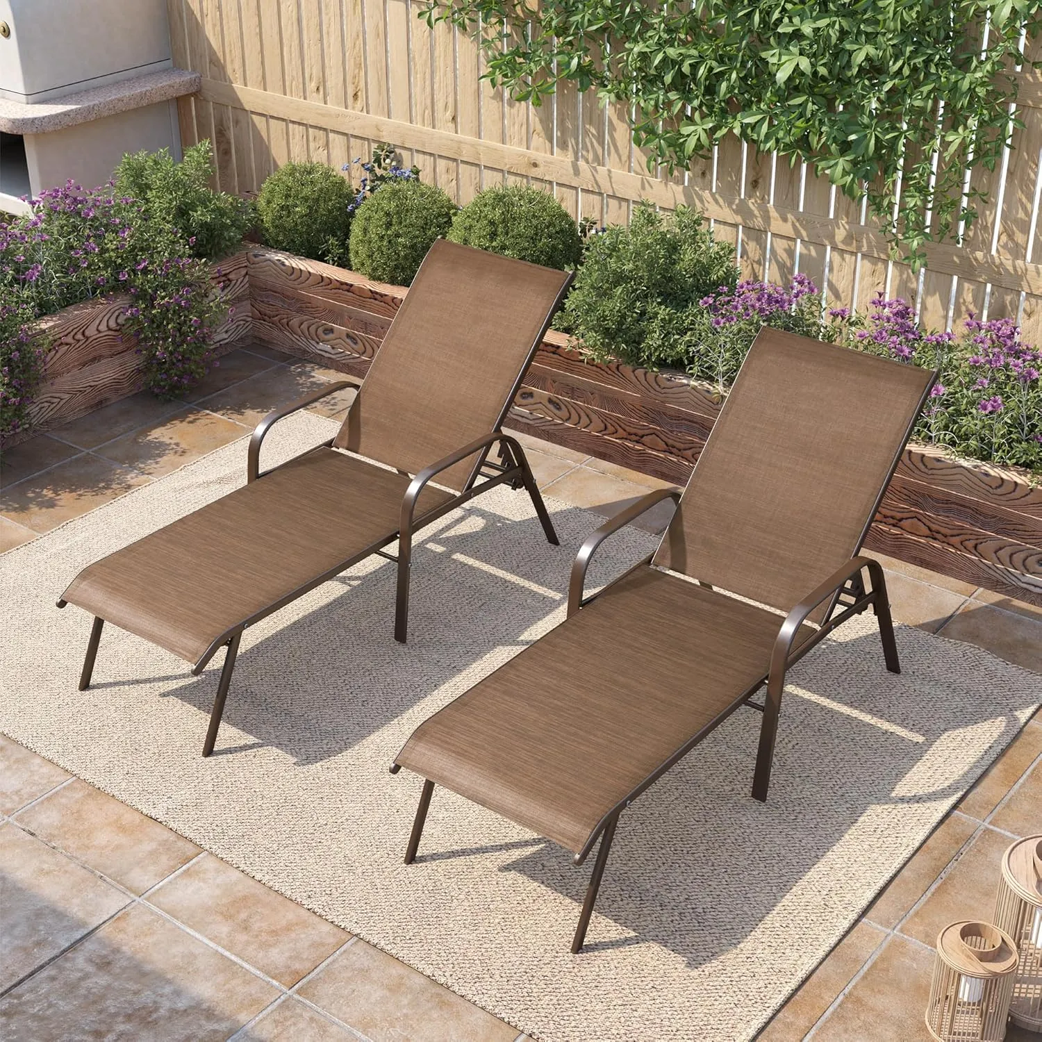 Pellebant Patio Chaise Lounge Chair, Adjustable Chair with 5 Positions and Flat Position, Folding Outdoor Recliners All Weather for Beach, Pool and Yard, 2 Pcs, Brown-N