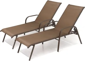 Pellebant Patio Chaise Lounge Chair, Adjustable Chair with 5 Positions and Flat Position, Folding Outdoor Recliners All Weather for Beach, Pool and Yard, 2 Pcs, Brown-N