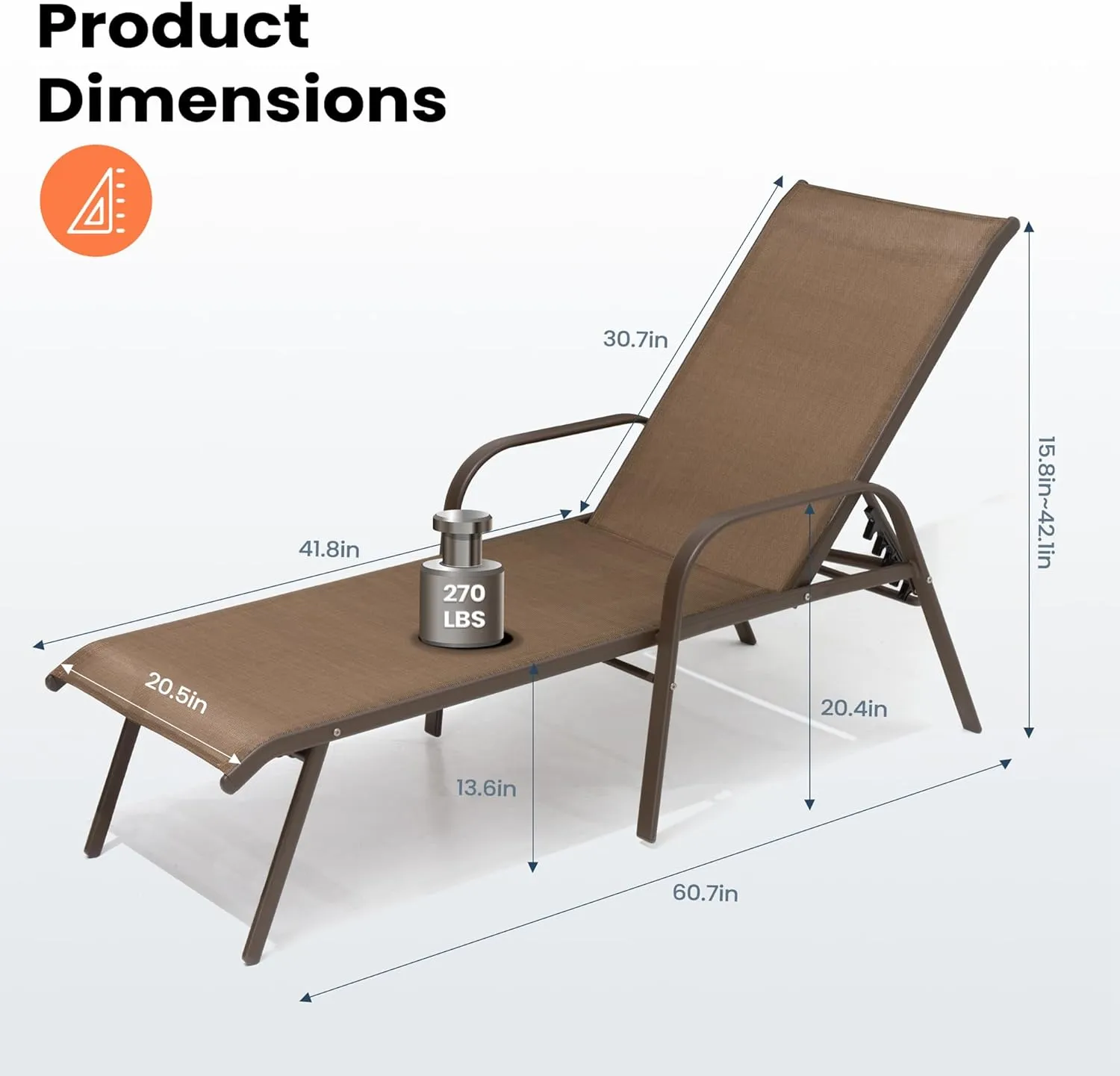 Pellebant Patio Chaise Lounge Chair, Adjustable Chair with 5 Positions and Flat Position, Folding Outdoor Recliners All Weather for Beach, Pool and Yard, 2 Pcs, Brown-N