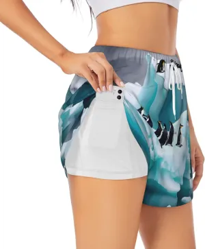 Penguins On The Iceberg Women'S Shorts Hiking Athletic Shorts Yoga Active Workout Running Shorts Comfy Casual