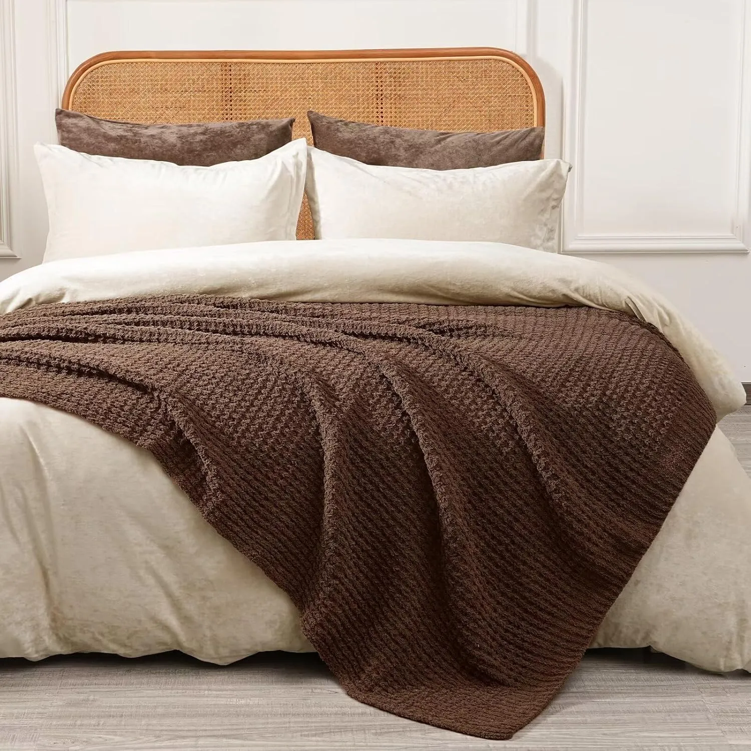 PHF Chenille Waffle Knit Blanket Twin Size- Plush Warm & Cozy 60" x 80" Ultra Soft Blanket- Chunky Fluffy Waffle Bedding for Home Decor - Cocoa Brown