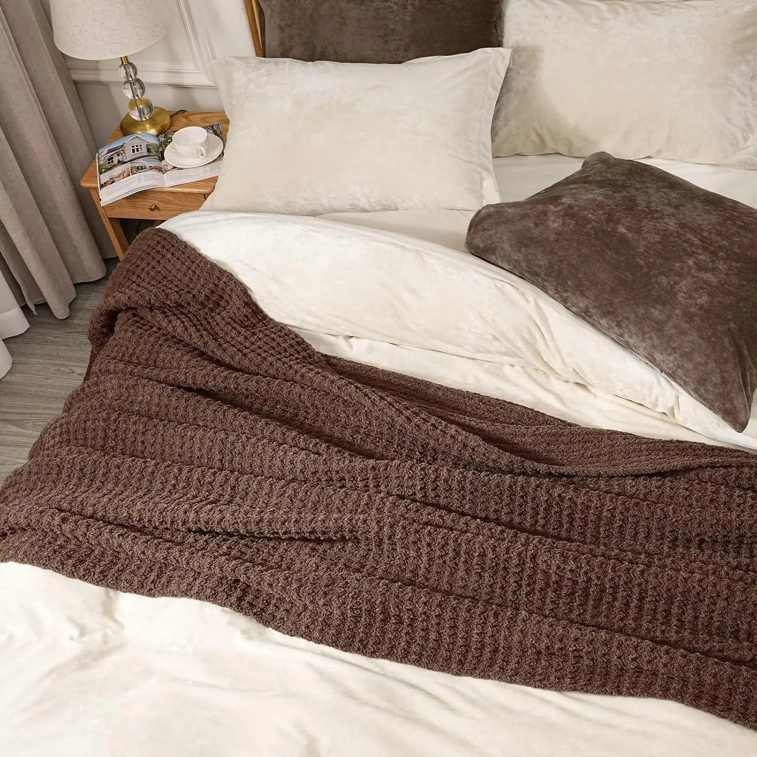 PHF Chenille Waffle Knit Blanket Twin Size- Plush Warm & Cozy 60" x 80" Ultra Soft Blanket- Chunky Fluffy Waffle Bedding for Home Decor - Cocoa Brown