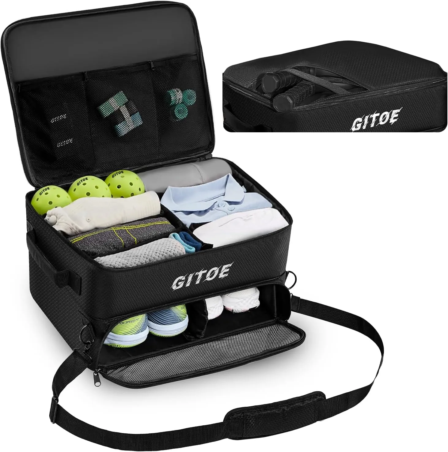 Pickleball Bag, Large Pickleball Bag With Shoe Compartment Fits 2 Pair of Shoes,Pickleball Trunk Organizer Pickle Ball Paddle Bag for Men, Pickleball Gifts for Men, Black