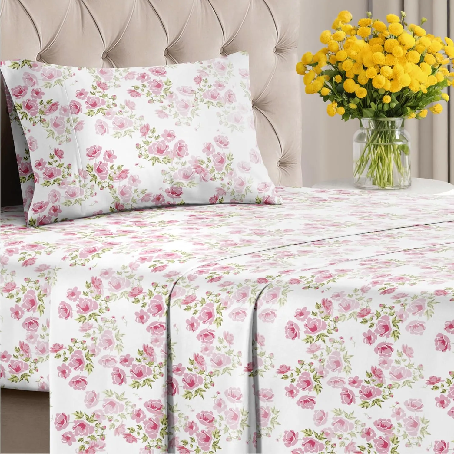 Pink Floral Sheets 3 Piece Twin Set - 1 Flat & 1 Fitted Sheet & 1 Pillowcase w/ Deep Pockets - Wrinkle & Fade Free, Farmhouse, Shabby Chic Flower Bed Set - Comfy, Soft, Breathable & Cooling - Bloom