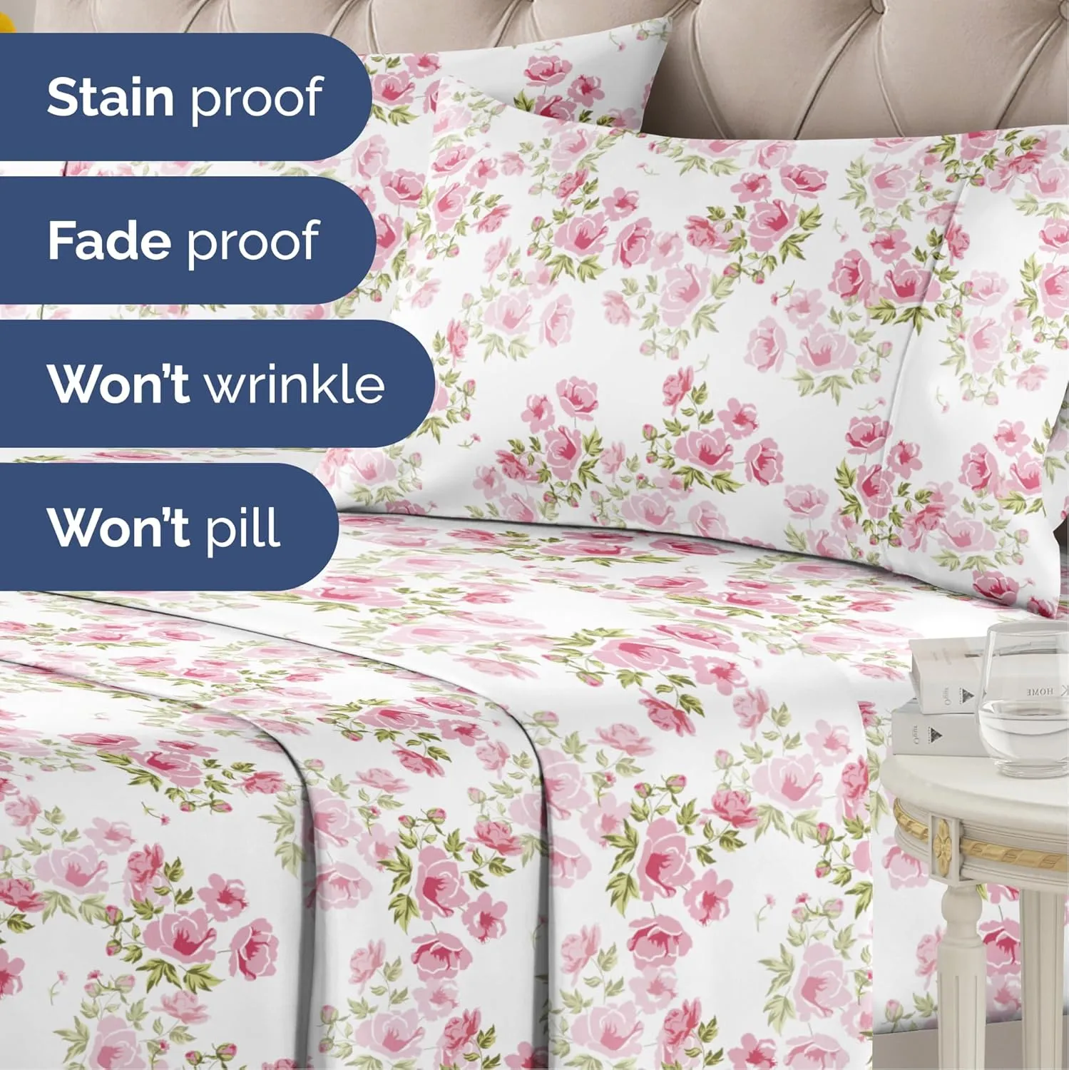Pink Floral Sheets 3 Piece Twin Set - 1 Flat & 1 Fitted Sheet & 1 Pillowcase w/ Deep Pockets - Wrinkle & Fade Free, Farmhouse, Shabby Chic Flower Bed Set - Comfy, Soft, Breathable & Cooling - Bloom