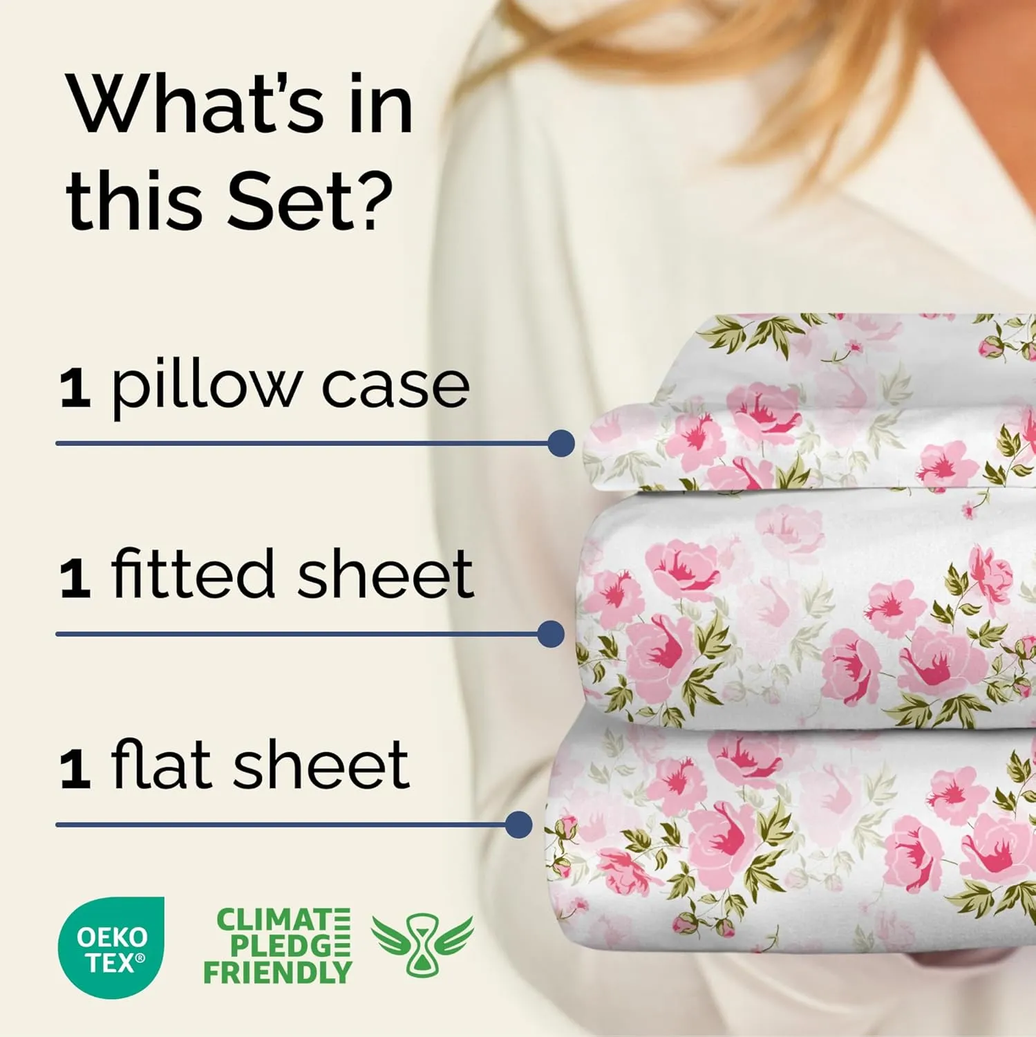 Pink Floral Sheets 3 Piece Twin Set - 1 Flat & 1 Fitted Sheet & 1 Pillowcase w/ Deep Pockets - Wrinkle & Fade Free, Farmhouse, Shabby Chic Flower Bed Set - Comfy, Soft, Breathable & Cooling - Bloom