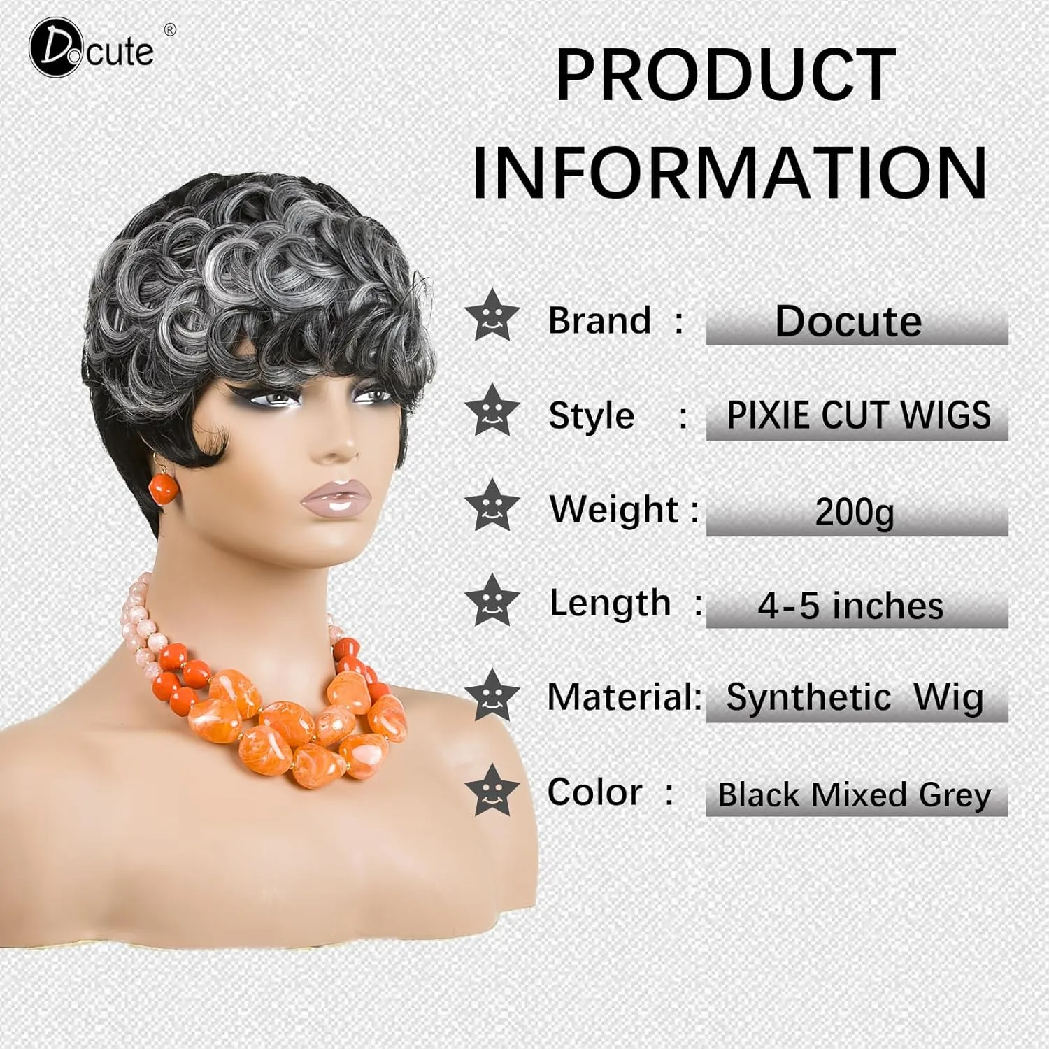 Pixie Cut Wig With Bangs Short Pixie Wig Curly Wig For Black Women Mixed With Gray For Black People(Black Mixed Grey)