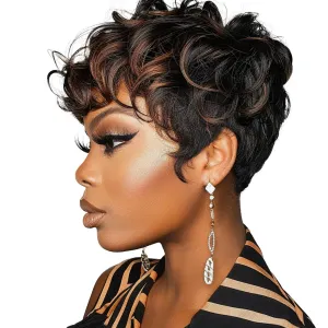 Pixie Cut Wigs Black And Brown Ombre Wig Linen Short Curly Wigs With Bangs Short Brown Wig Ombre Pixie Cut Wigs For Black Women(Black Mixed Brown)