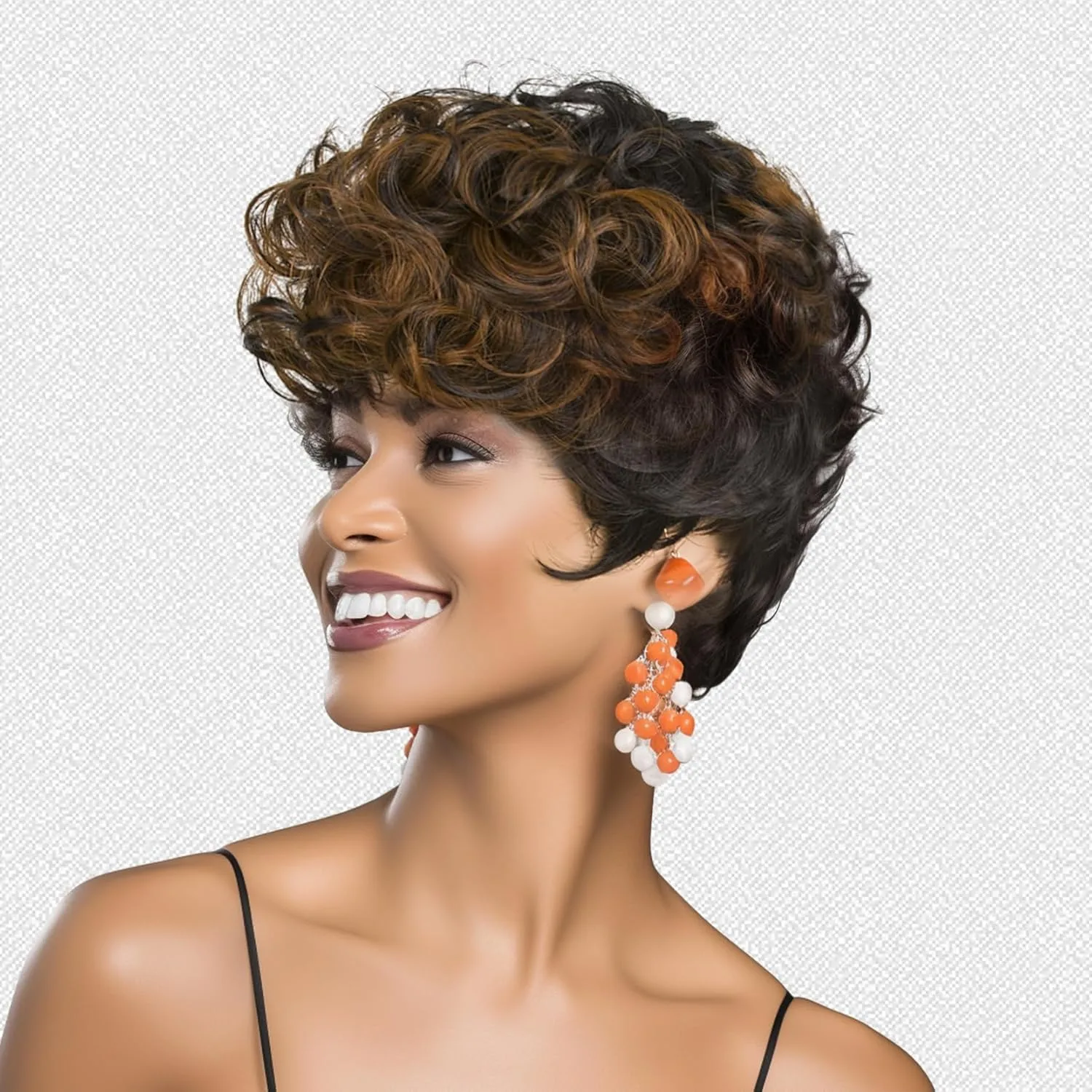 Pixie Cut Wigs Black And Brown Ombre Wig Linen Short Curly Wigs With Bangs Short Brown Wig Ombre Pixie Cut Wigs For Black Women(Black Mixed Brown)