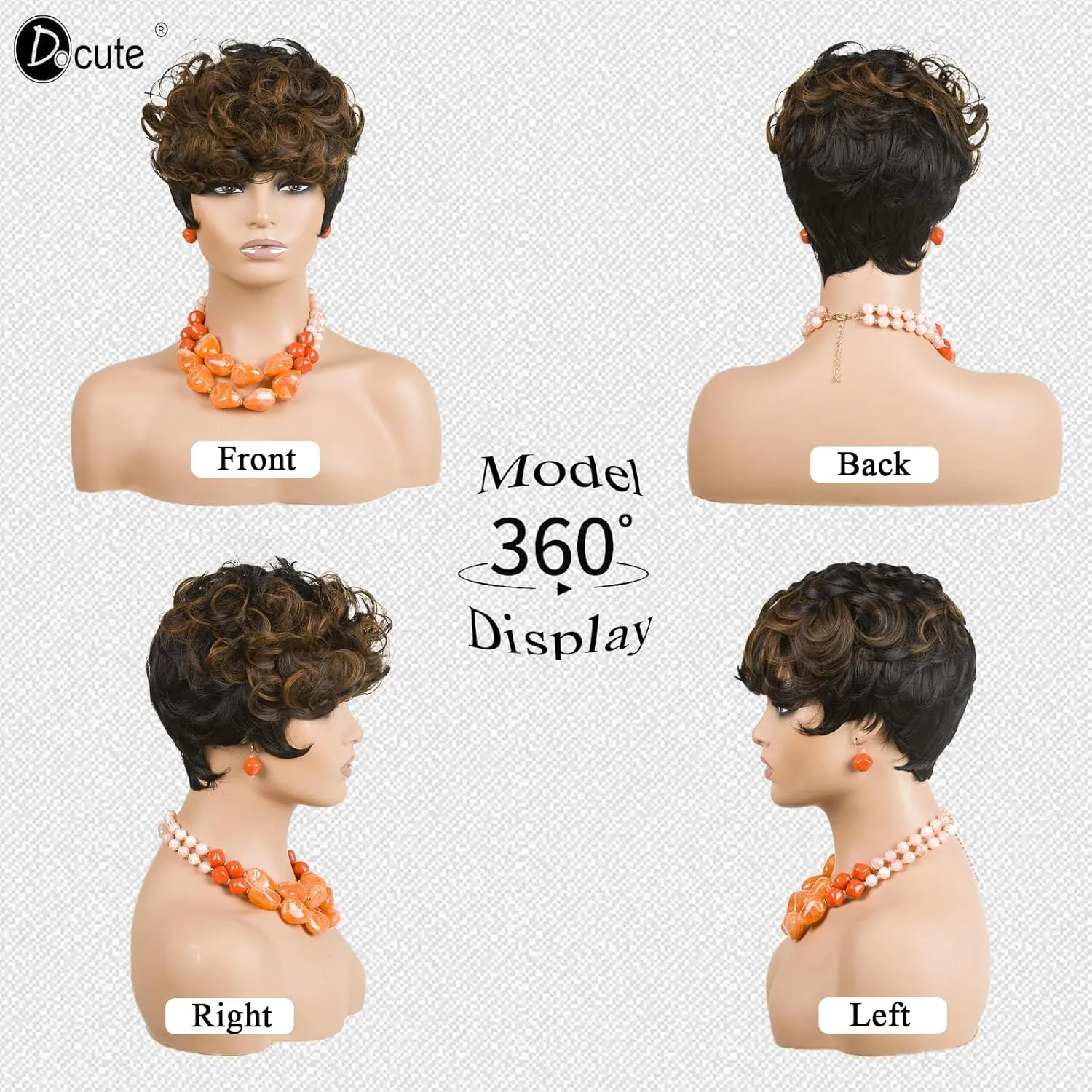Pixie Cut Wigs Black And Brown Ombre Wig Linen Short Curly Wigs With Bangs Short Brown Wig Ombre Pixie Cut Wigs For Black Women(Black Mixed Brown)