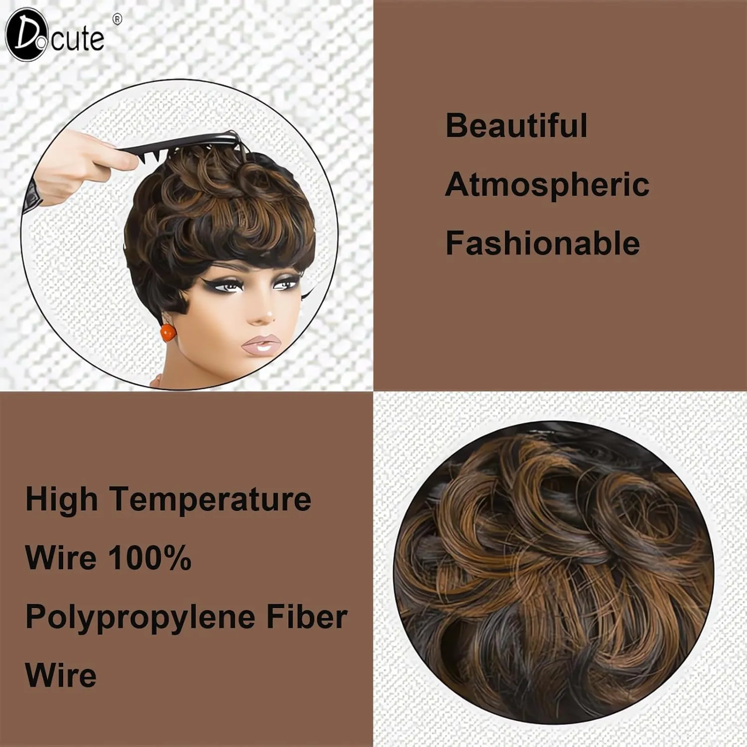 Pixie Cut Wigs Black And Brown Ombre Wig Linen Short Curly Wigs With Bangs Short Brown Wig Ombre Pixie Cut Wigs For Black Women(Black Mixed Brown)