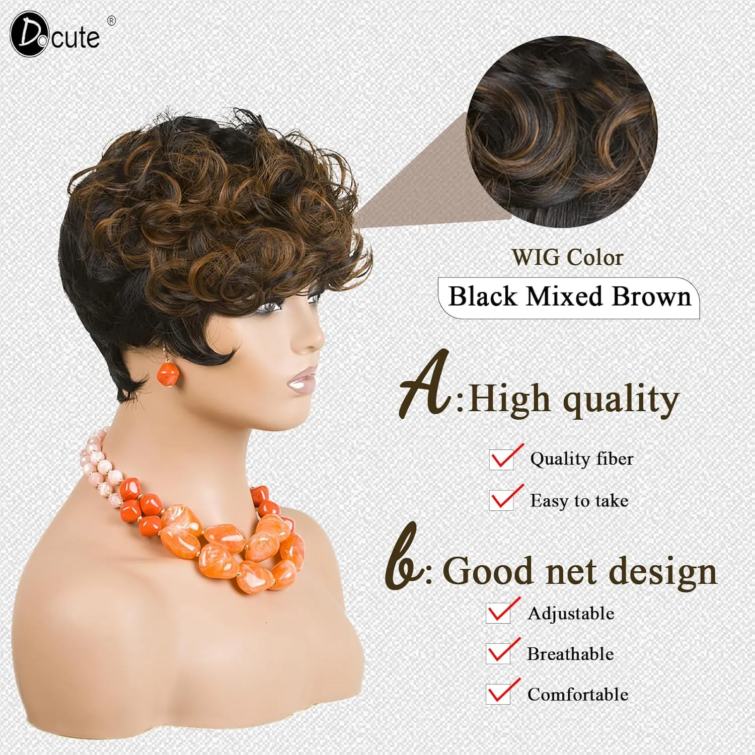 Pixie Cut Wigs Black And Brown Ombre Wig Linen Short Curly Wigs With Bangs Short Brown Wig Ombre Pixie Cut Wigs For Black Women(Black Mixed Brown)