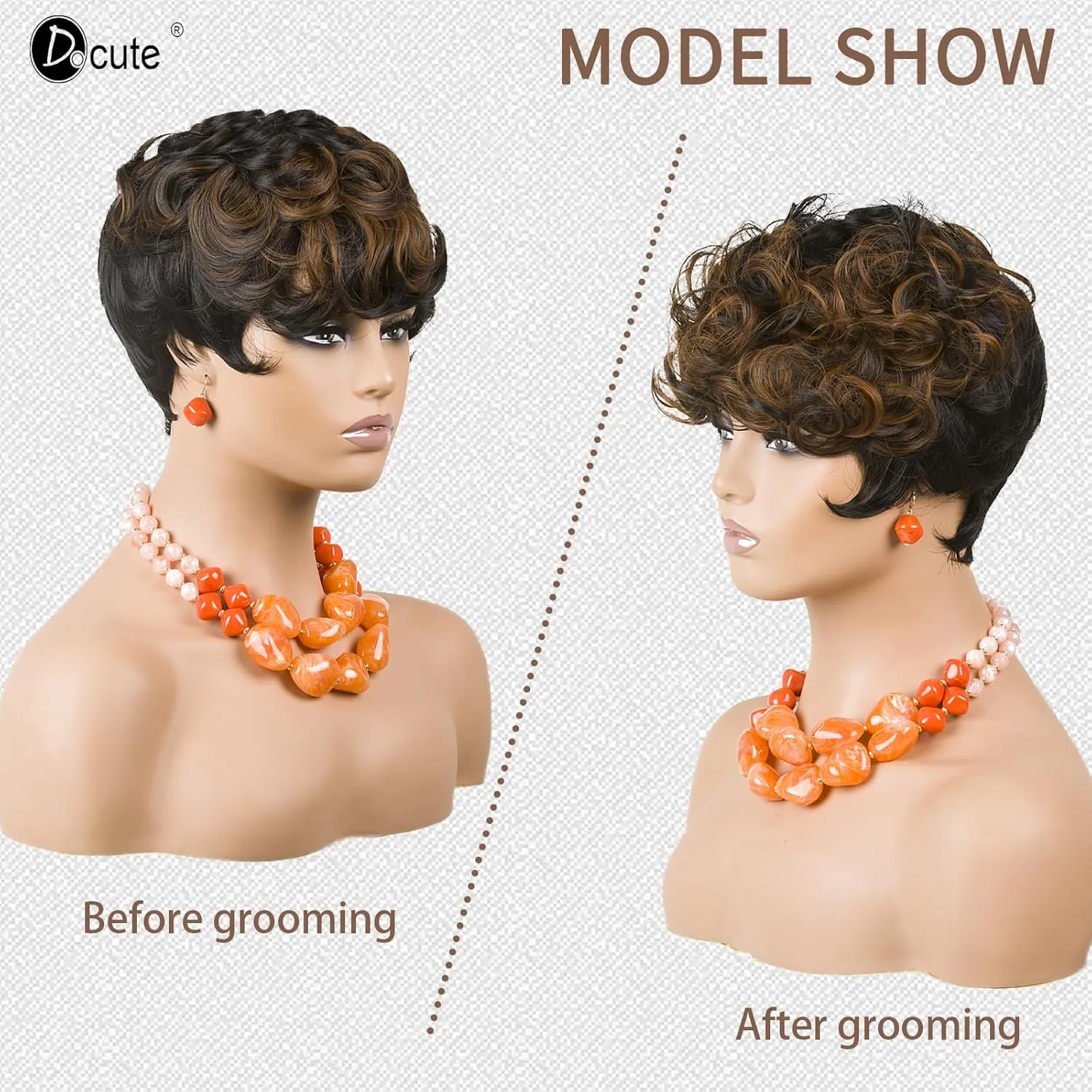 Pixie Cut Wigs Black And Brown Ombre Wig Linen Short Curly Wigs With Bangs Short Brown Wig Ombre Pixie Cut Wigs For Black Women(Black Mixed Brown)