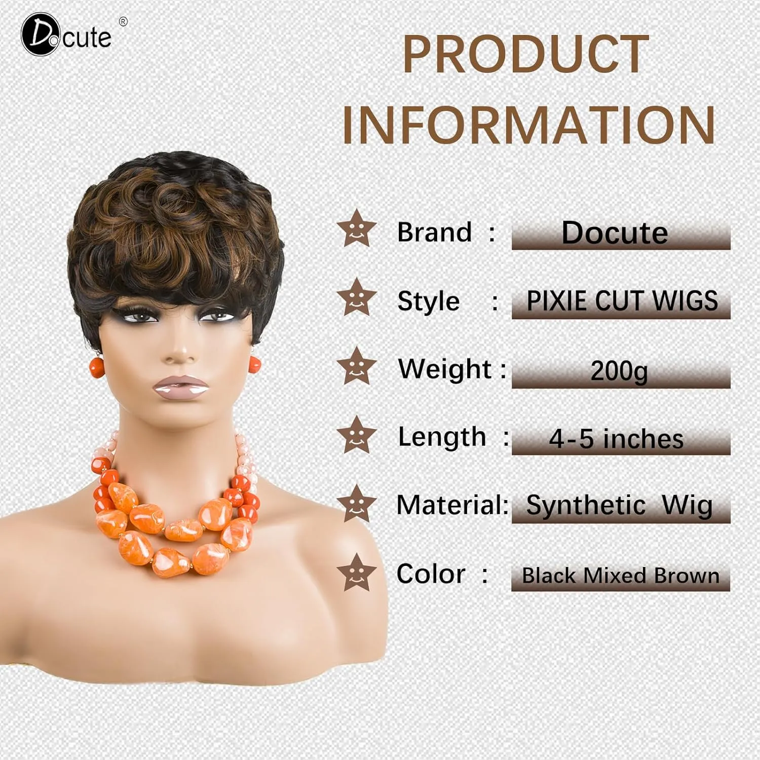 Pixie Cut Wigs Black And Brown Ombre Wig Linen Short Curly Wigs With Bangs Short Brown Wig Ombre Pixie Cut Wigs For Black Women(Black Mixed Brown)