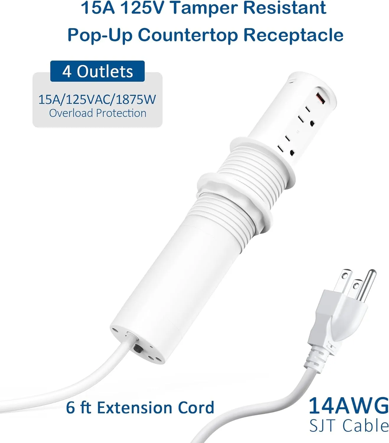 Pop up Outlet for Countertop,2.5 inch Hole Desktop Power Grommet,4 Outlets 4 USB Ports,15Amp Tamper Resistant Receptacle Flush Mount,Space Saver Recessed Outlet for Home,Office White