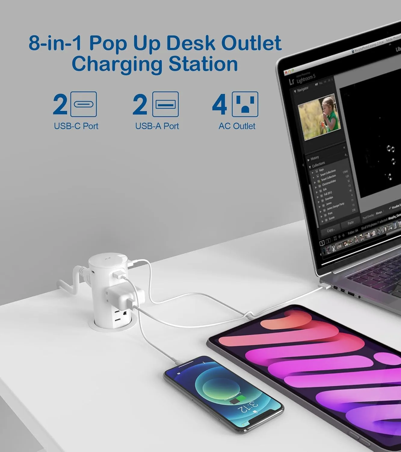 Pop up Outlet for Countertop,2.5 inch Hole Desktop Power Grommet,4 Outlets 4 USB Ports,15Amp Tamper Resistant Receptacle Flush Mount,Space Saver Recessed Outlet for Home,Office White