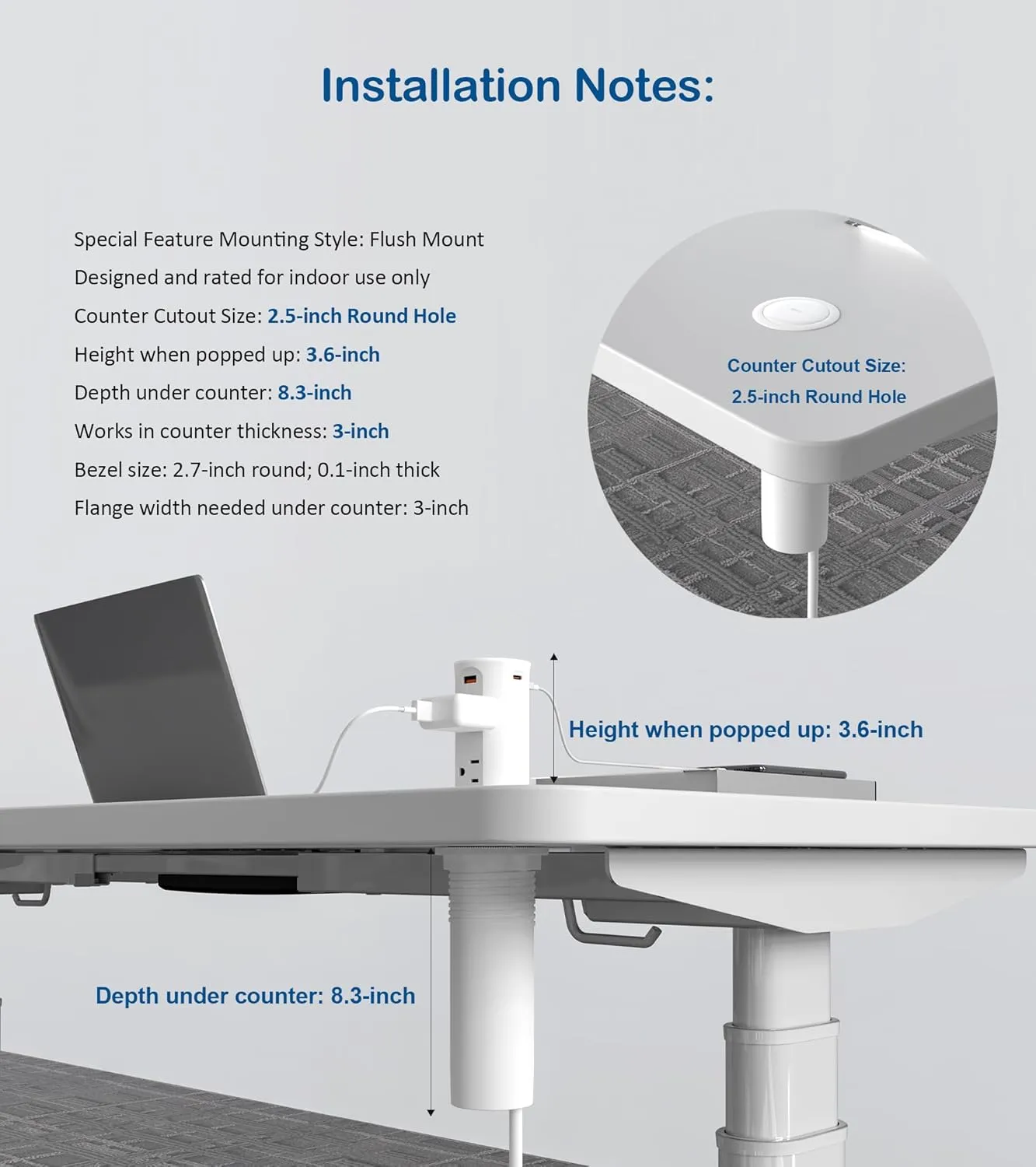 Pop up Outlet for Countertop,2.5 inch Hole Desktop Power Grommet,4 Outlets 4 USB Ports,15Amp Tamper Resistant Receptacle Flush Mount,Space Saver Recessed Outlet for Home,Office White