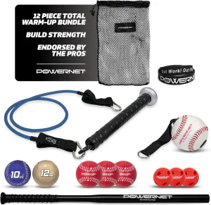 PowerNet Warm-Up Bundle, Resistance Band with 3 Different Grips, 2 Weighted Baseballs, 3 Micro Crushers, 3 Foam Tech Utility Training Balls & Bat Accelerator, Softball & Baseball Training Equipment