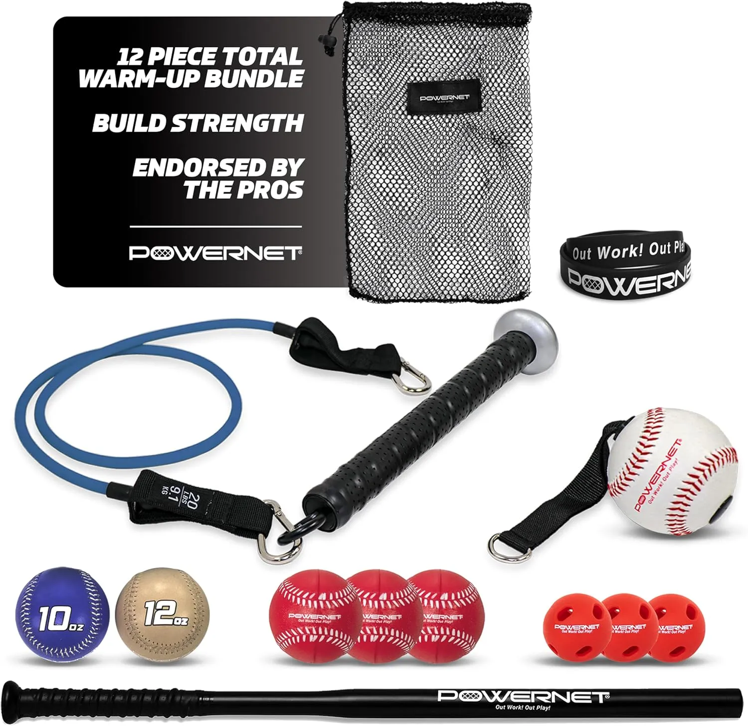 PowerNet Warm-Up Bundle, Resistance Band with 3 Different Grips, 2 Weighted Baseballs, 3 Micro Crushers, 3 Foam Tech Utility Training Balls & Bat Accelerator, Softball & Baseball Training Equipment