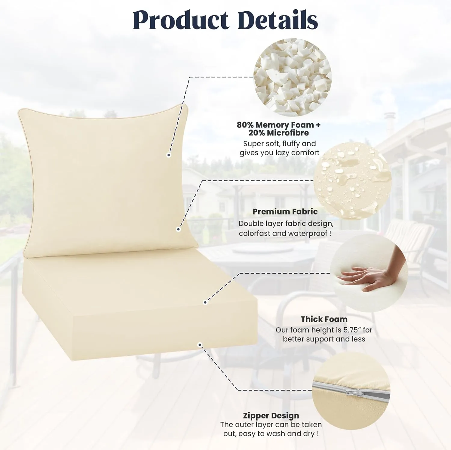 puredown® Outdoor Seat Cushions 24 X 24 X 5.75 Inch, Waterproof & Fade Resistant Patio Furniture Replacement Cushions with Removable Cover for Chair, Sofa, Couch, Wicker, Beige
