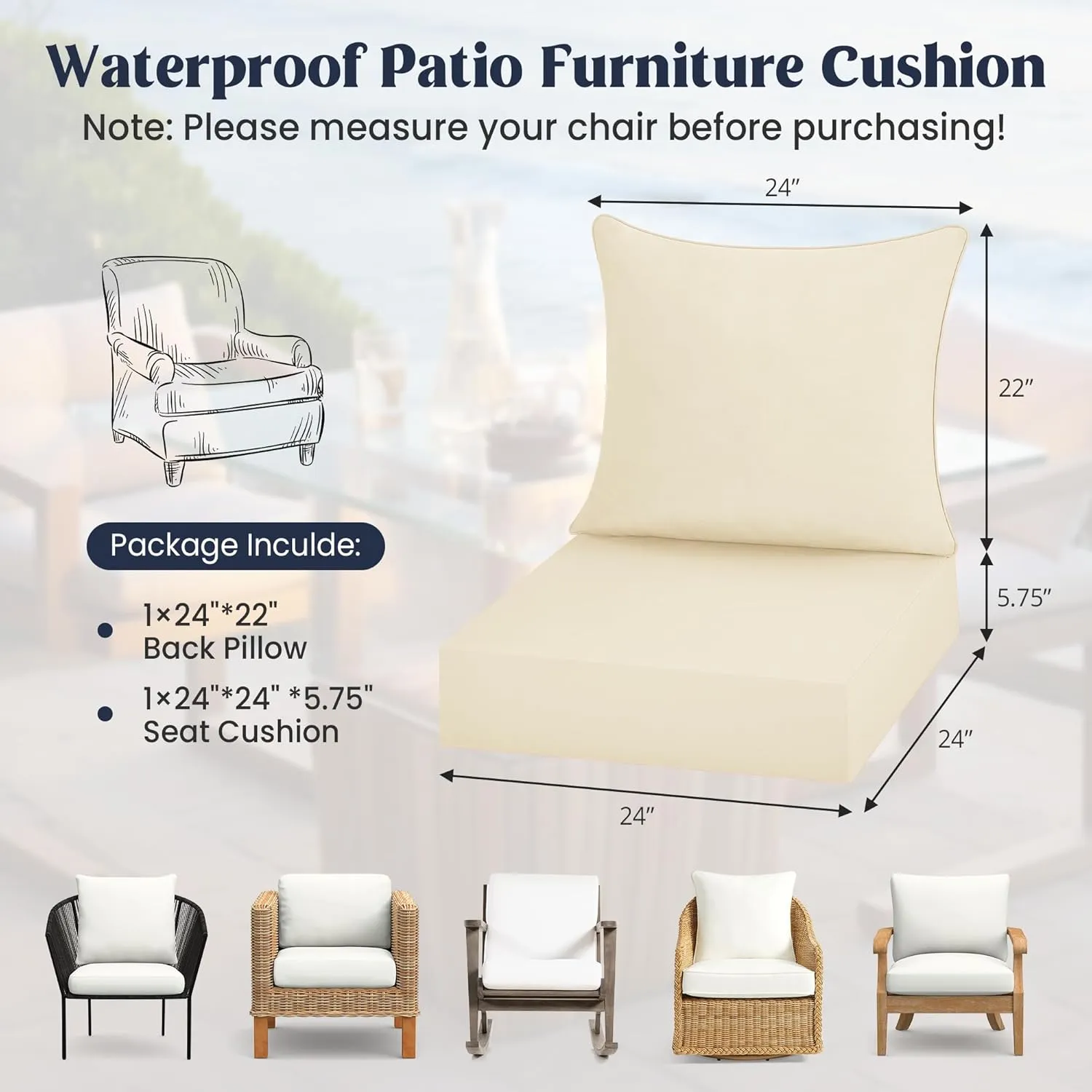 puredown® Outdoor Seat Cushions 24 X 24 X 5.75 Inch, Waterproof & Fade Resistant Patio Furniture Replacement Cushions with Removable Cover for Chair, Sofa, Couch, Wicker, Beige