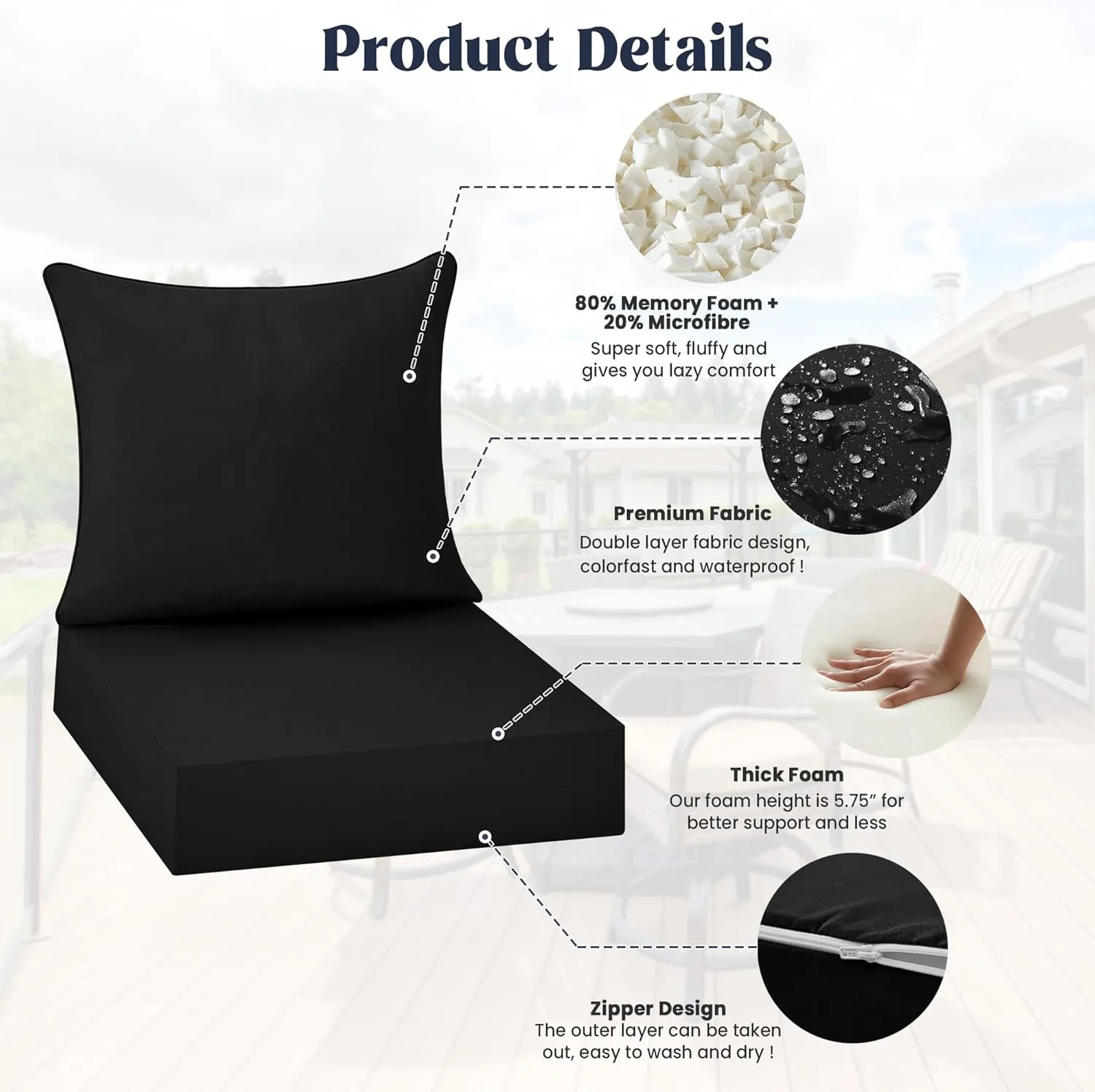 puredown® Outdoor Seat Cushions 24 X 24 X 5.75 Inch, Waterproof & Fade Resistant Patio Furniture Replacement Cushions with Removable Cover for Chair, Sofa, Couch, Wicker, Black